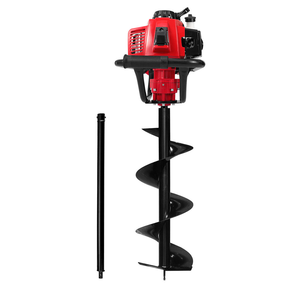 Petrol post hole auger drill with black spiral bit, red engine housing and handles