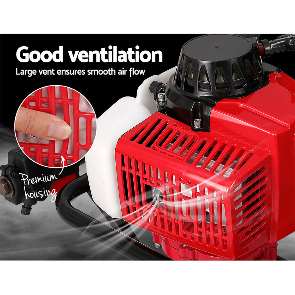 Red engine housing with air vents and black muffler for petrol post hole auger