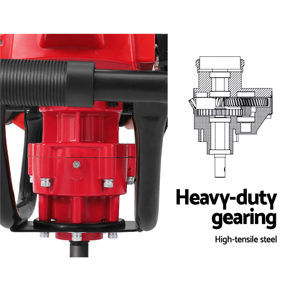 Post hole digger gearbox head with red housing and black mounting shaft