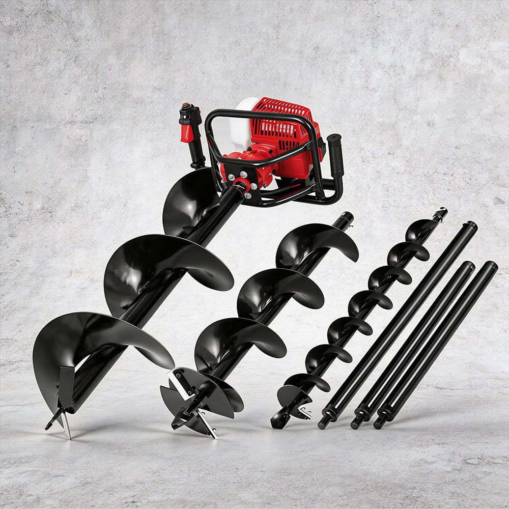 Post hole auger bit set with multiple black spiral paddles and extension rods