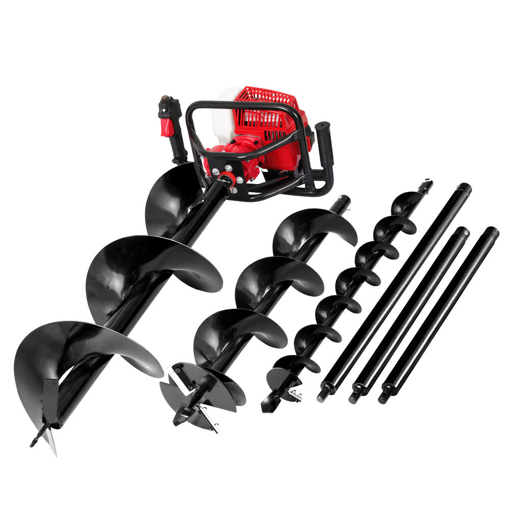Post hole auger with black spiral auger bits, extension rods, and red engine unit