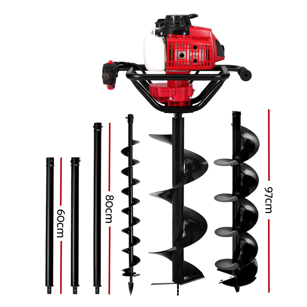 Post hole digger with red engine, black spiral augers, and three extension rods