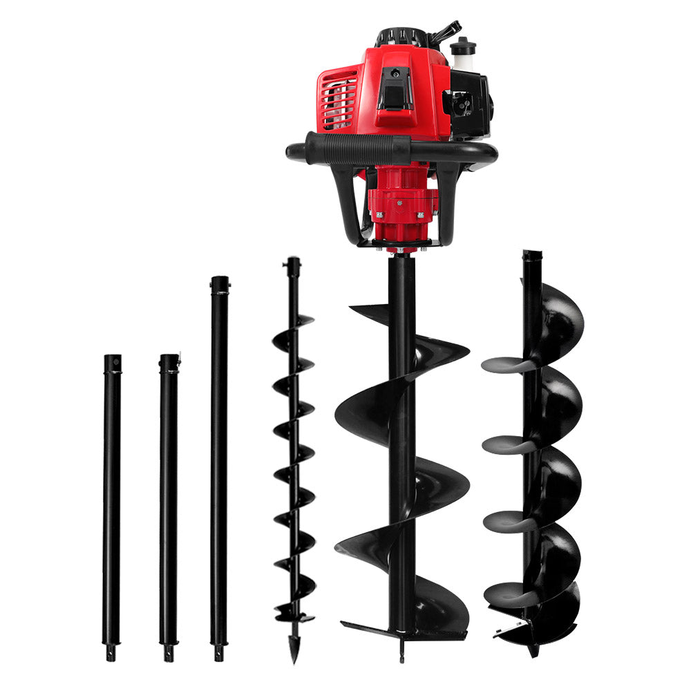 Post hole digger with red engine and black spiral auger bits plus extension rods