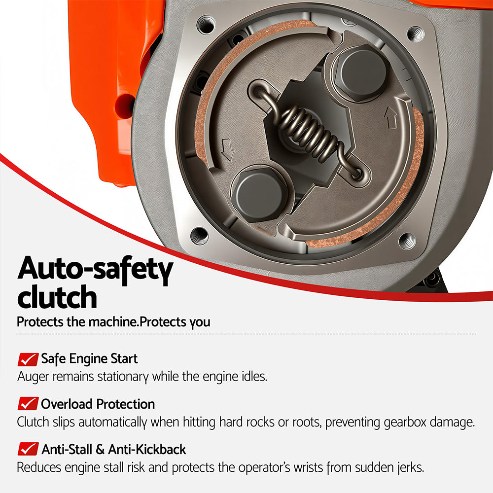 Post hole digger clutch cover with spring mechanism on orange engine casing
