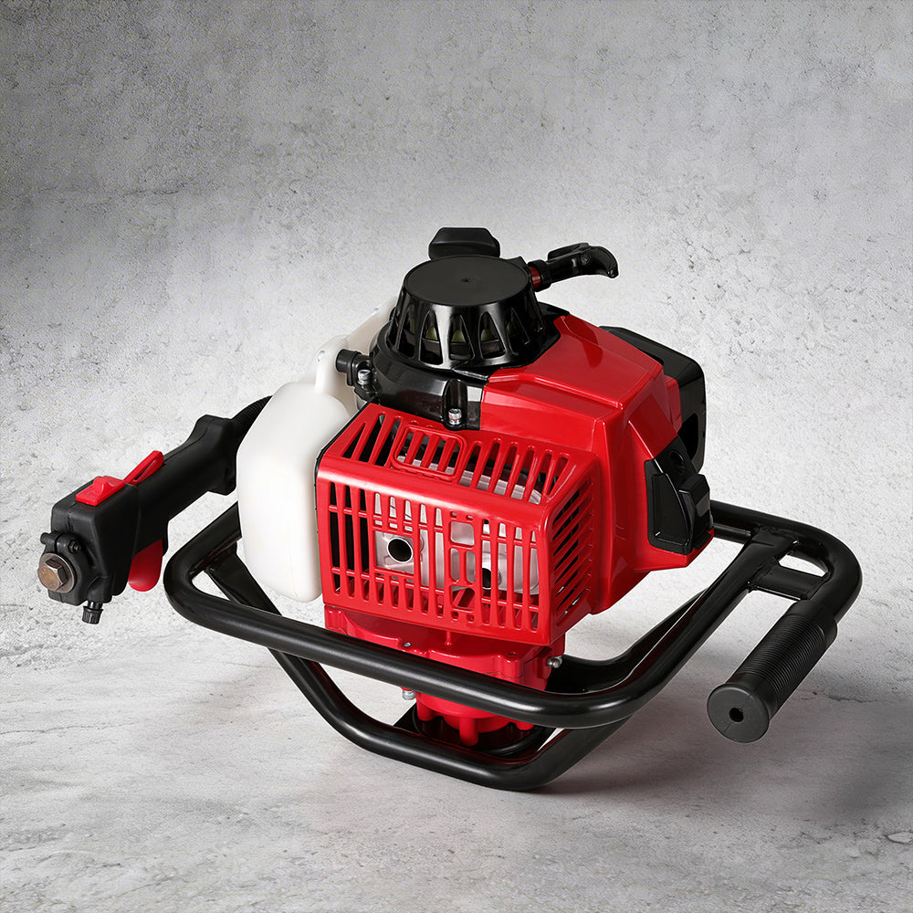 Red petrol post hole digger engine with black auger frame and handles