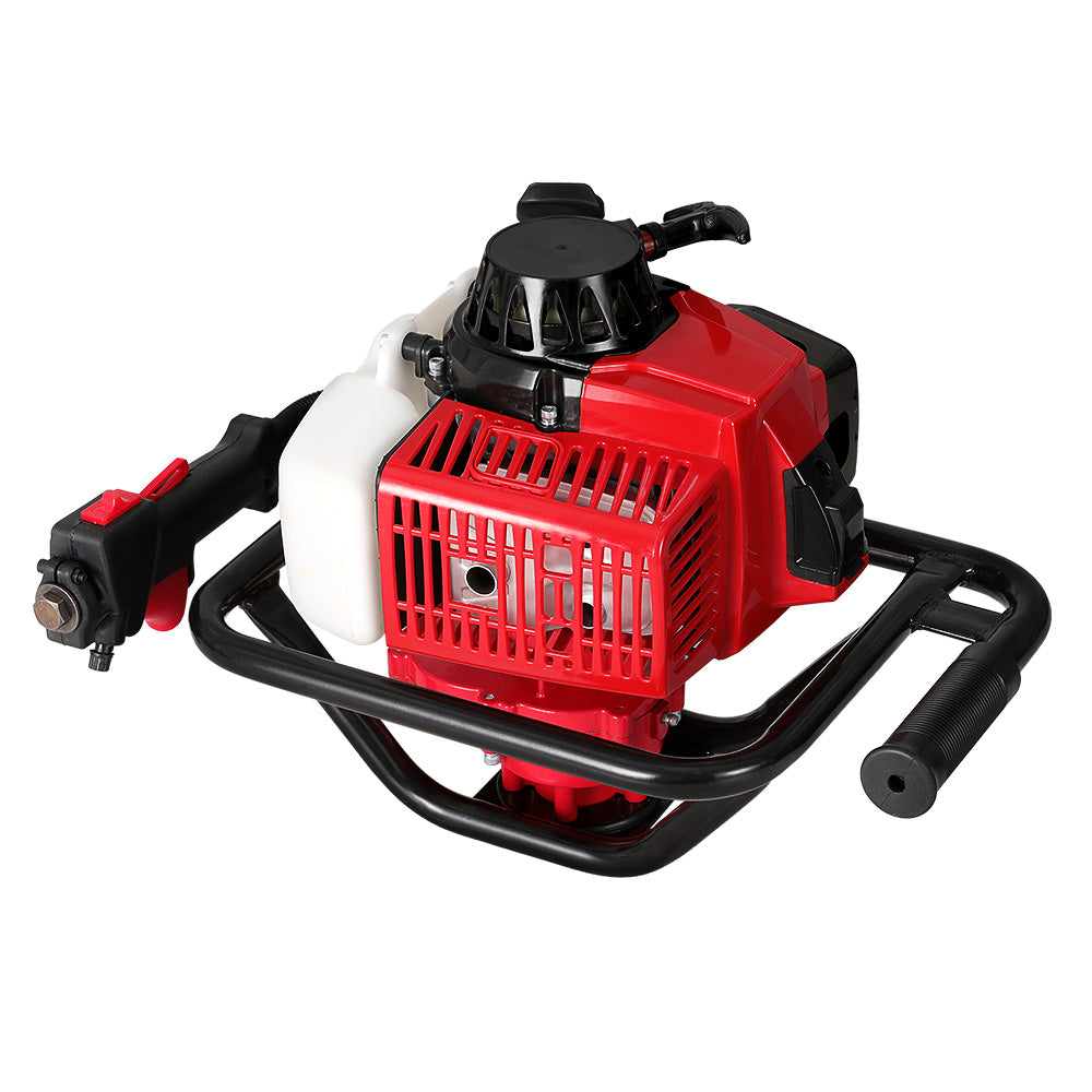 Red petrol post hole digger engine unit with black frame and side controls