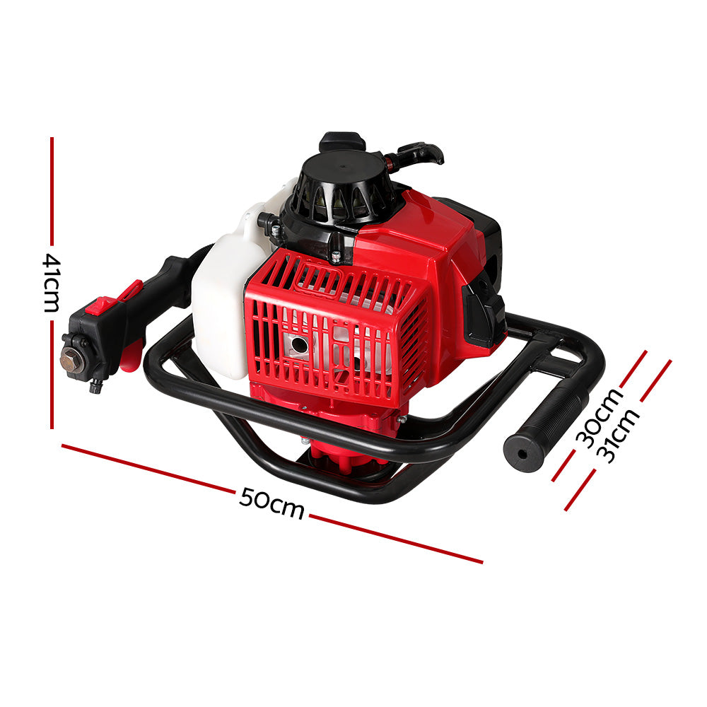 Red petrol post hole digger engine with black frame and control lever