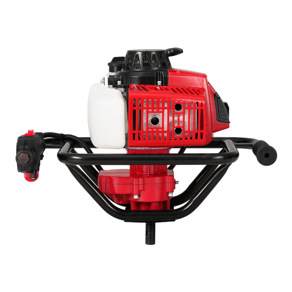 Red petrol post hole digger engine with black frame, white fuel tank, and lever