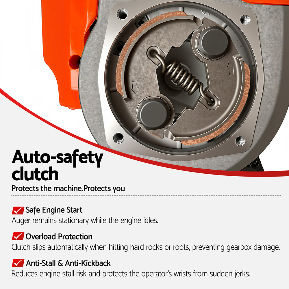 Engine auto-safety clutch housing with spring components on circular cover