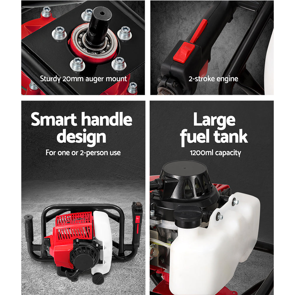 Post hole digger engine details: smart handle, fuel tank, auger mount