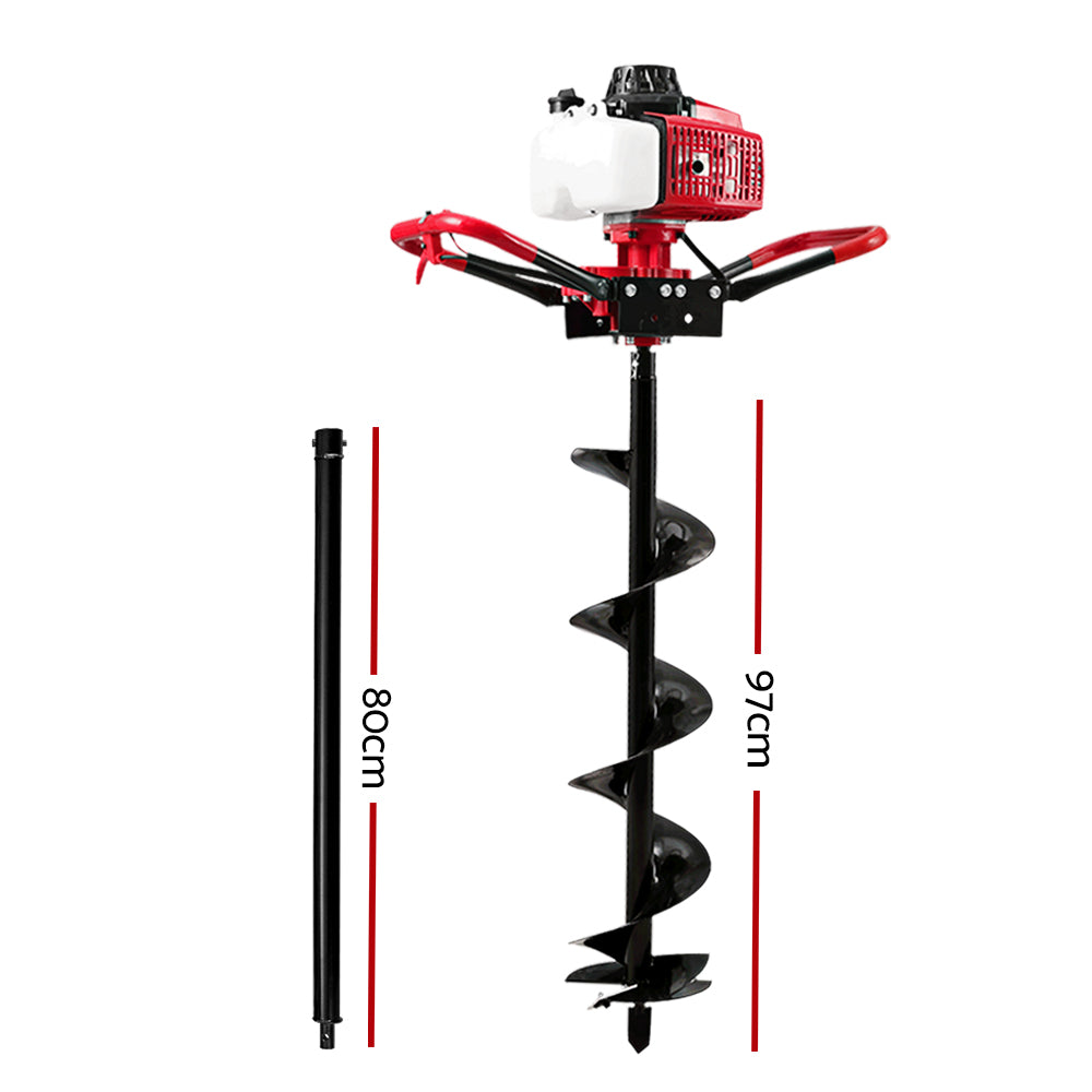 Post hole digger auger bit with spiral flights and long extension pole
