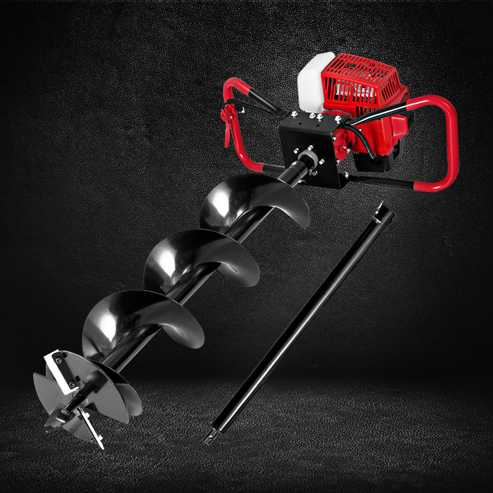 Petrol post hole digger with spiral auger, long extension pole, red and black