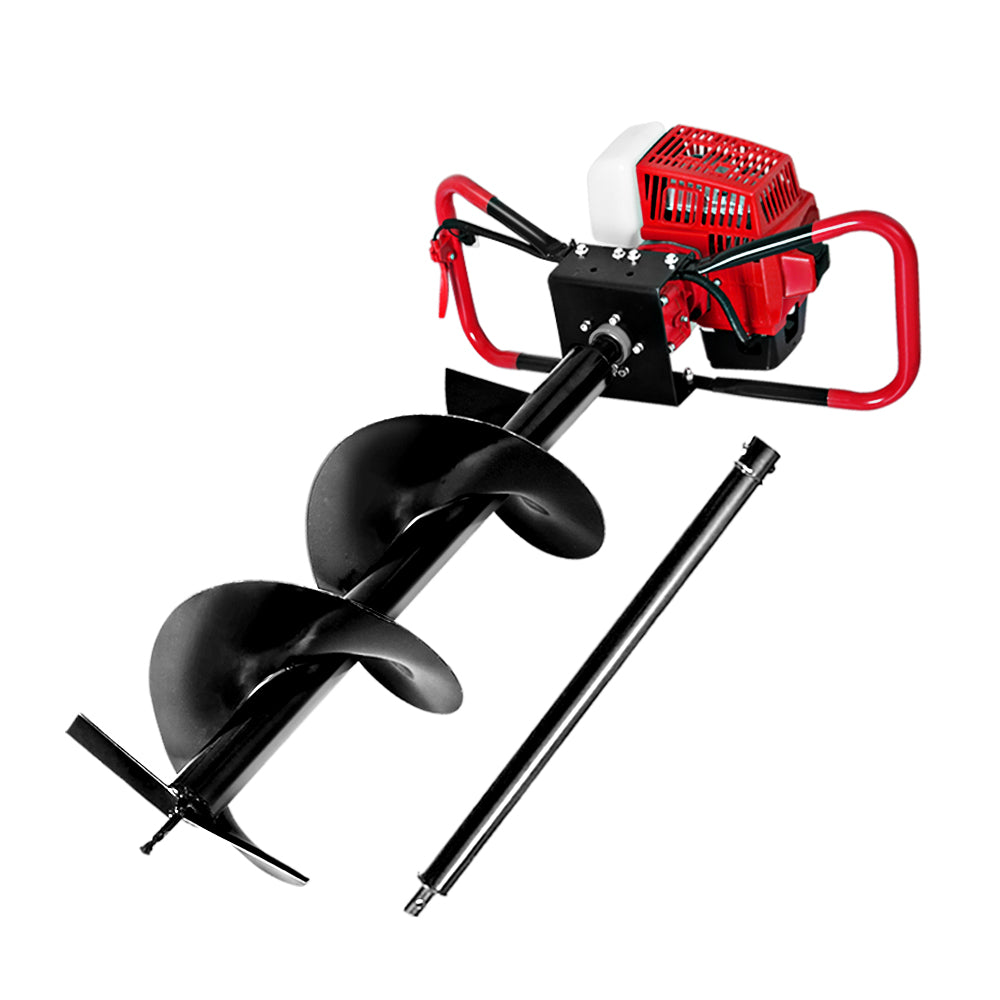 Petrol post hole digger with twin spiral auger bit, red engine and black frame