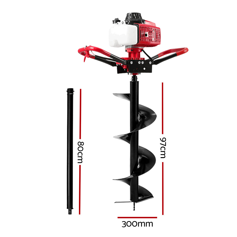 Post hole digger auger with 300mm length and 97cm depth frame, red accents