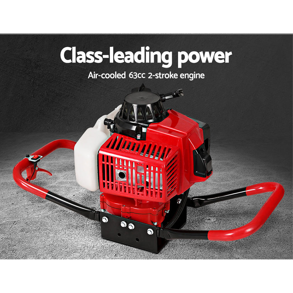 Red 2-stroke petrol post hole digger engine with black pull-start handle