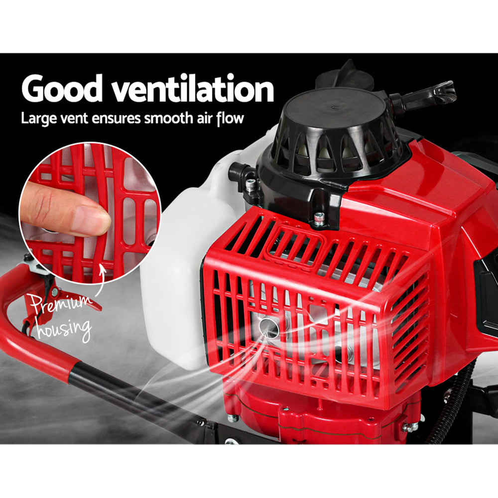 Red petrol post hole digger with black air intake grille for smooth airflow
