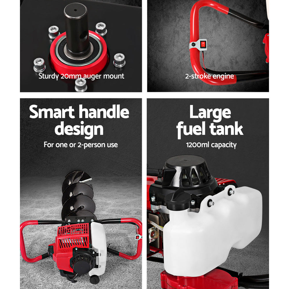 Petrol post hole digger components: auger mount, smart handle, large fuel tank