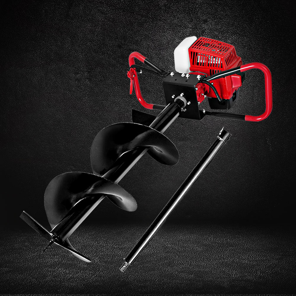 Petrol post hole digger with twin spiral auger bit and long steel shaft, red and black