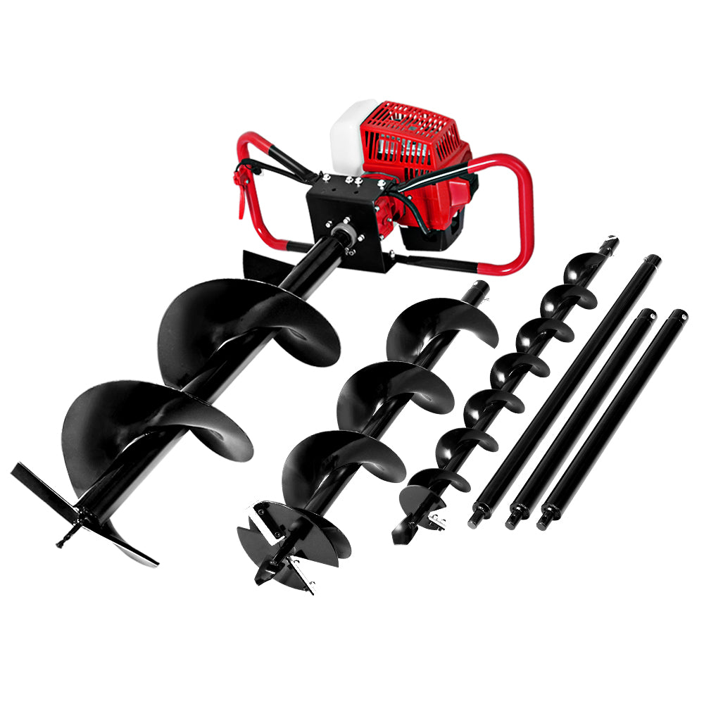Petrol post hole digger kit with red engine, black auger bits, and extension rods