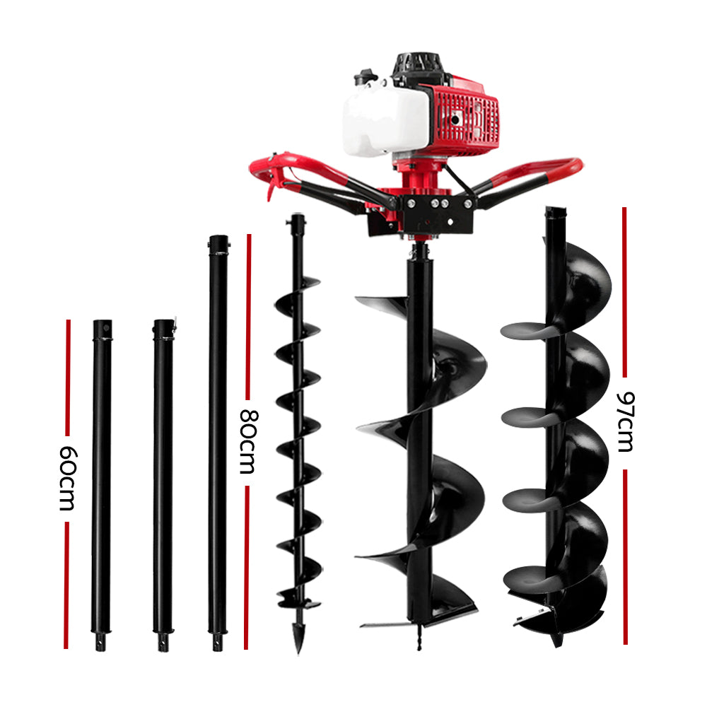 Petrol post hole digger with two long auger extensions and two helical auger blades