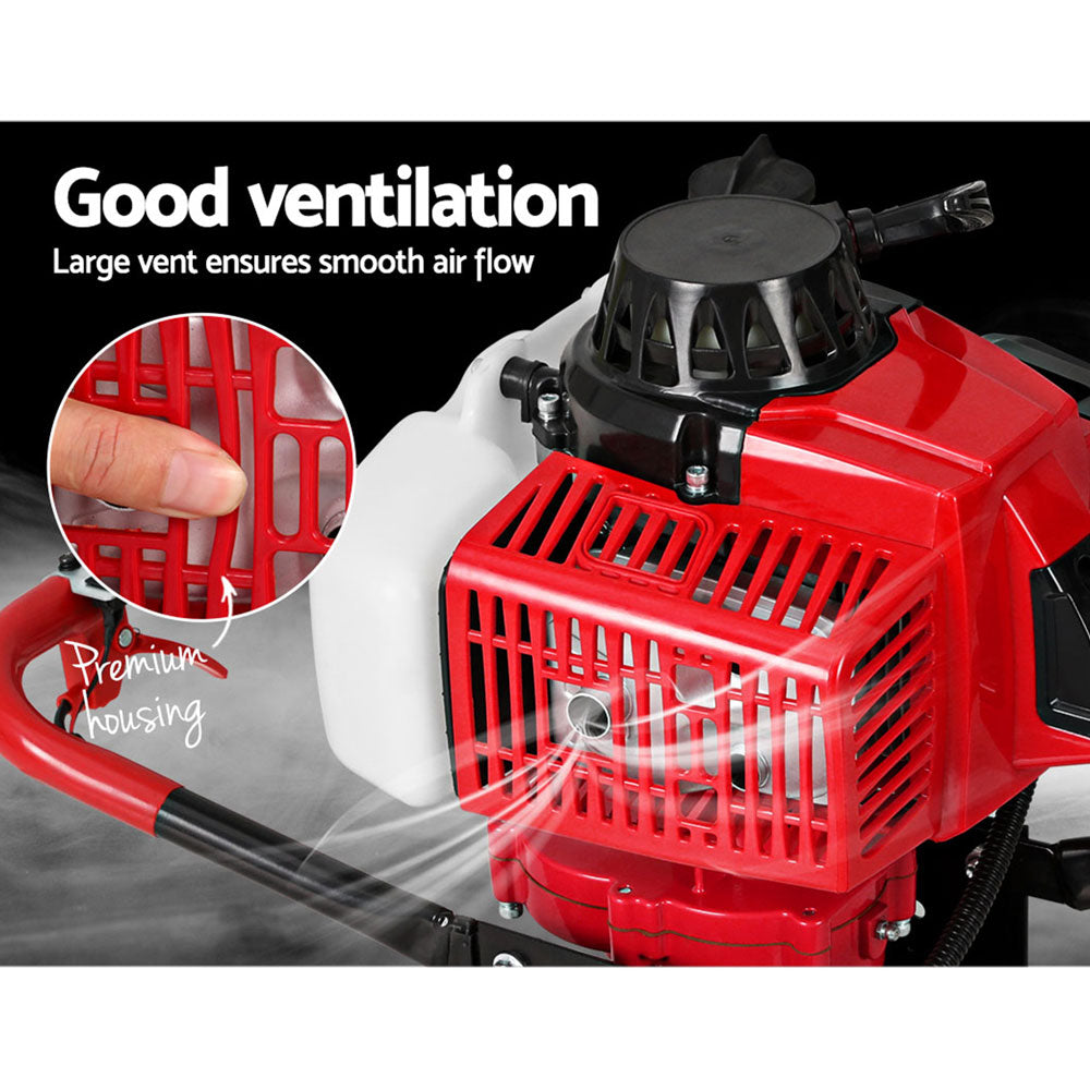 Red engine housing with air vents and black pull-start handle for post hole digger