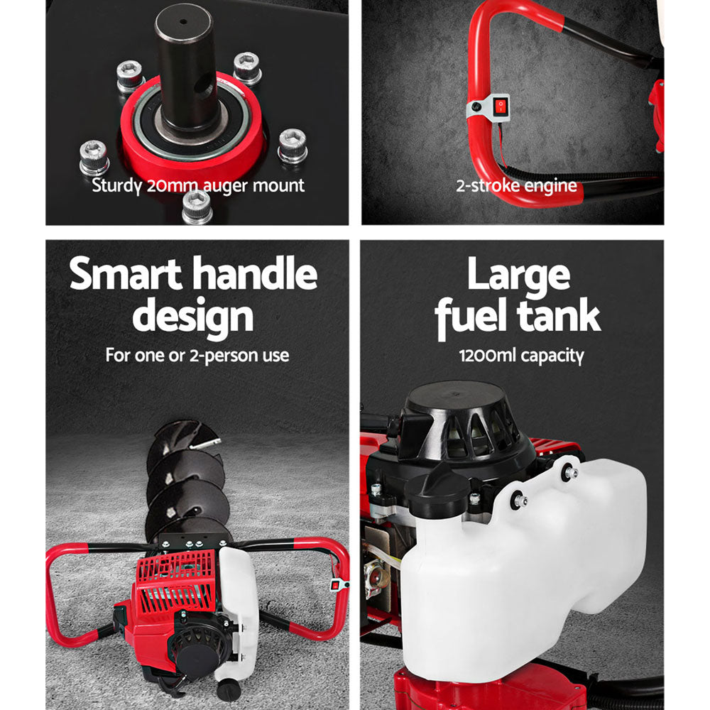 Post hole digger fuel tank, smart handle, and auger mount with 2-stroke engine