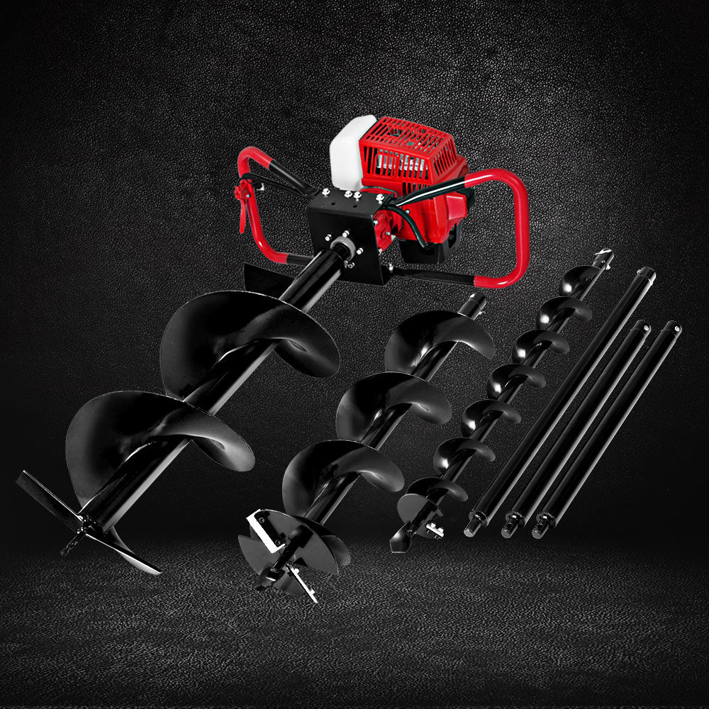 Petrol post hole digger kit with red engine, black helical auger bits, and rods