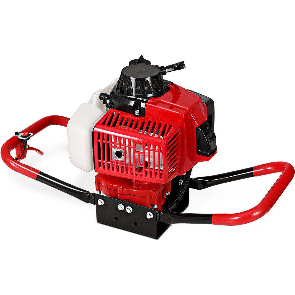 Red petrol post hole digger engine unit with black housing and white fuel tank