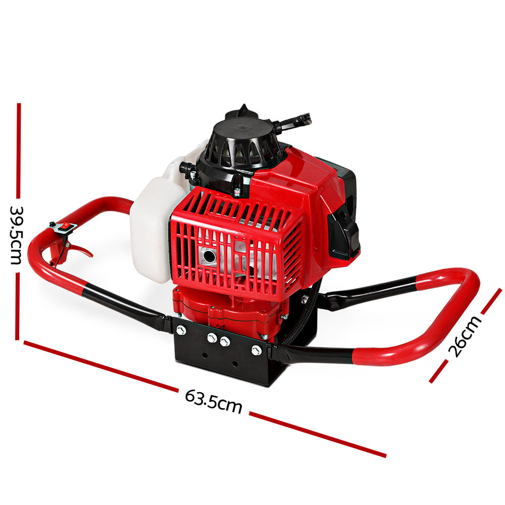 Red petrol post hole digger engine with white fuel tank and black auger mount