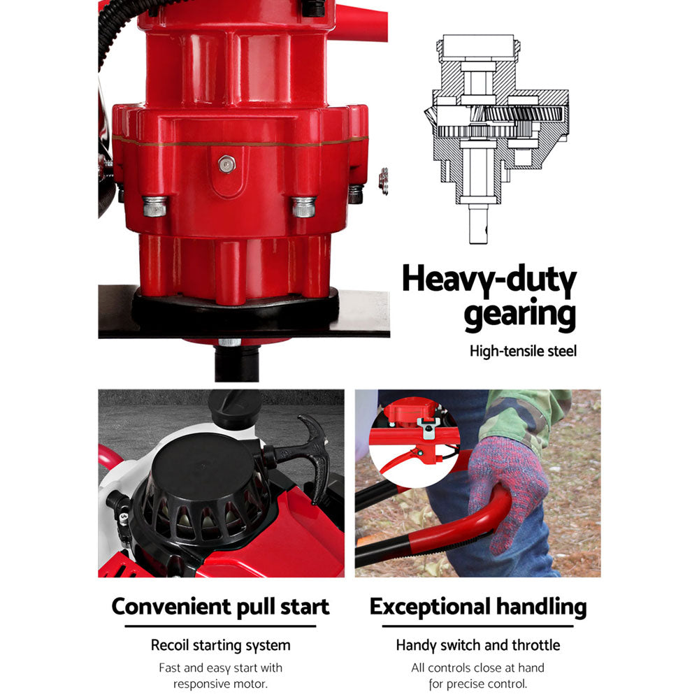 Red petrol post hole digger engine close-up with black mounting base and auger opening