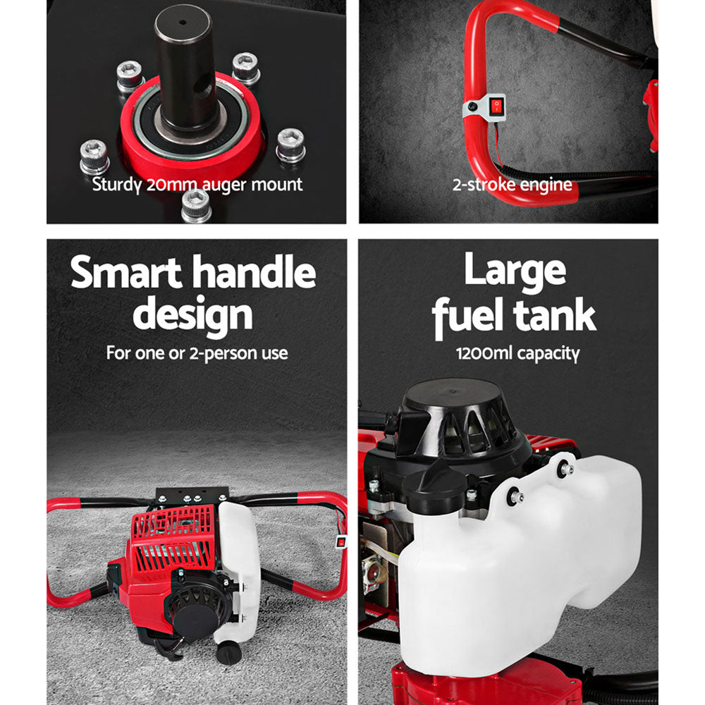 Red petrol post hole digger engine with white fuel tank, black handle, and auger mount