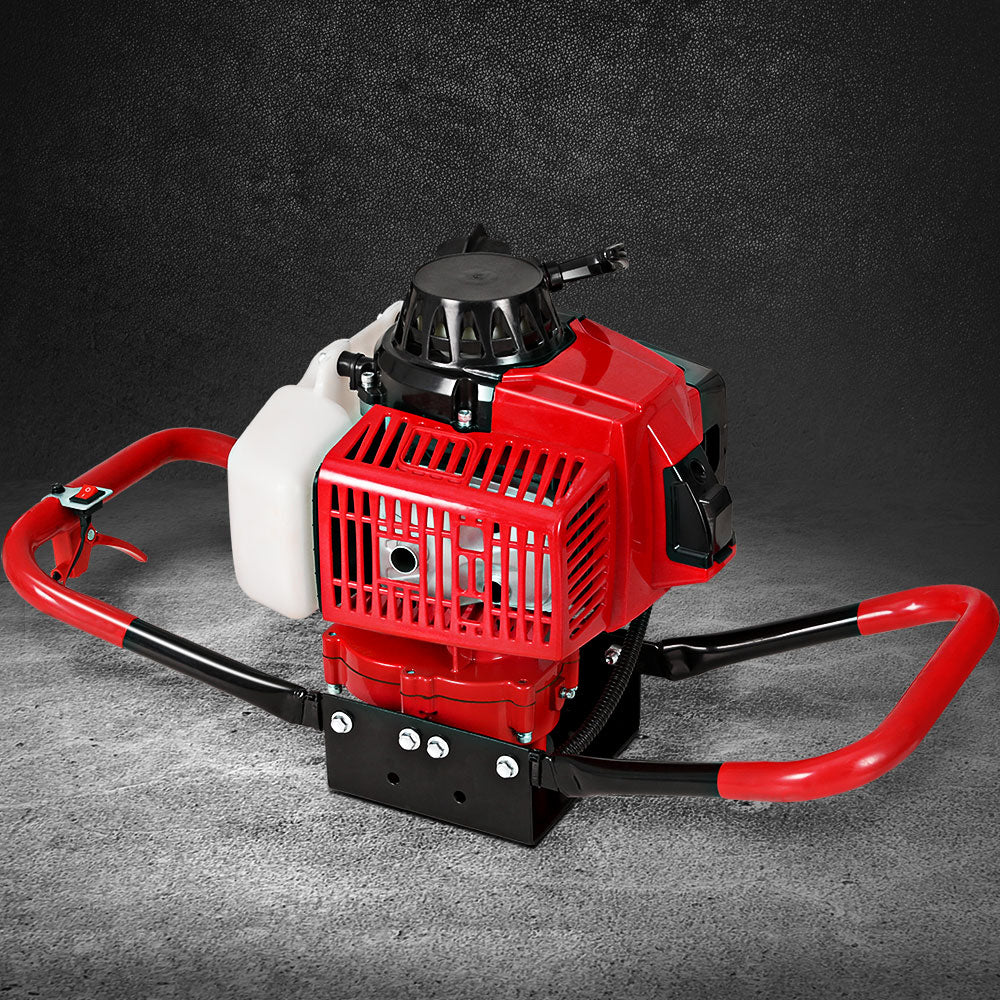 Red petrol post hole digger engine unit with black frame, red handles, and white tank