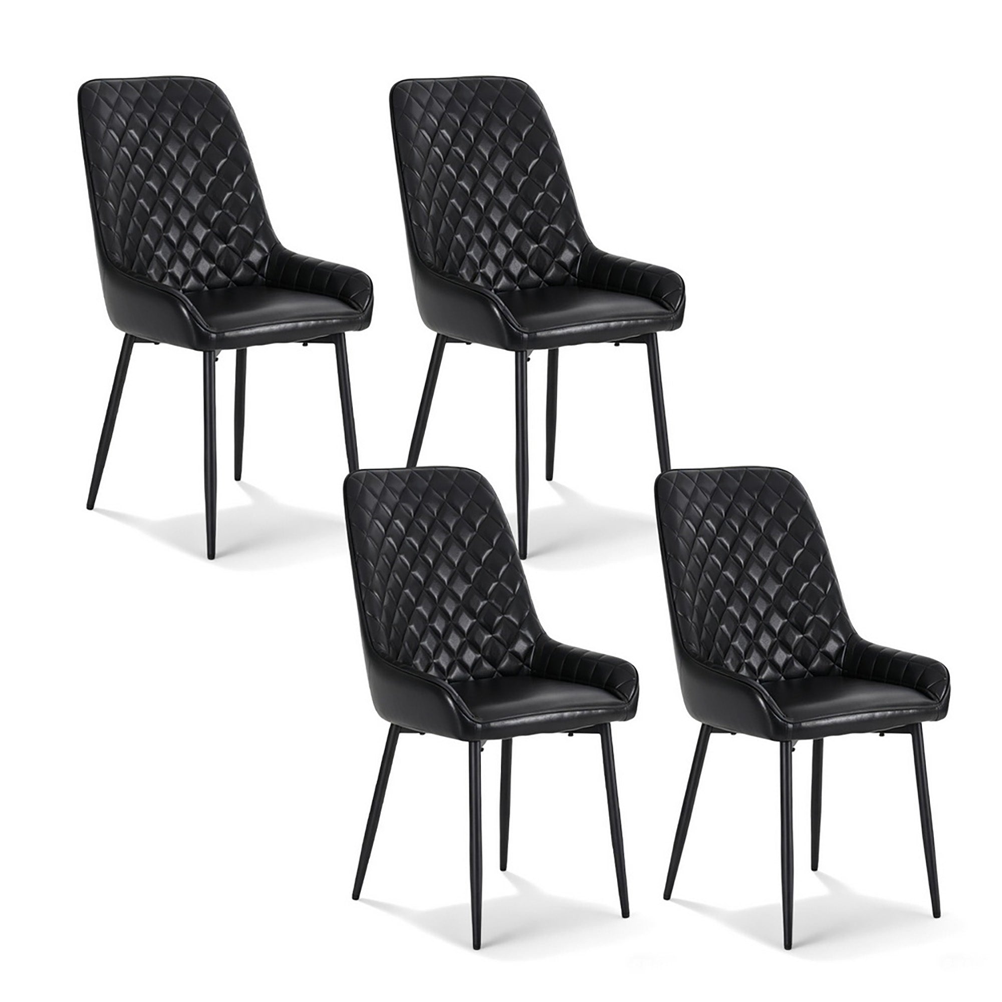 Black PU leather dining chair with quilted diamond back, curved arms, and slim metal legs
