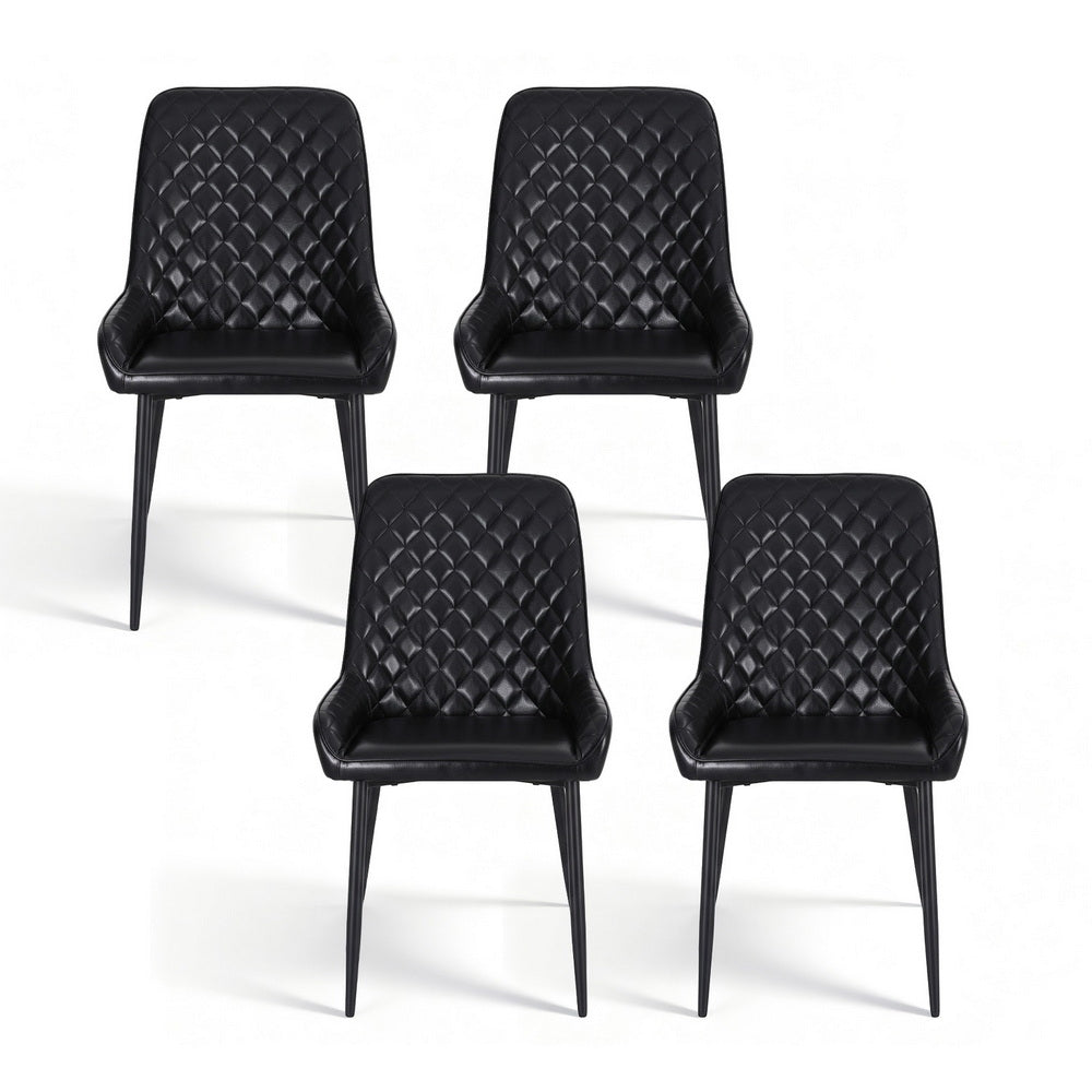 Set of black quilted PU leather dining chairs with curved backs, arms, and slim metal legs