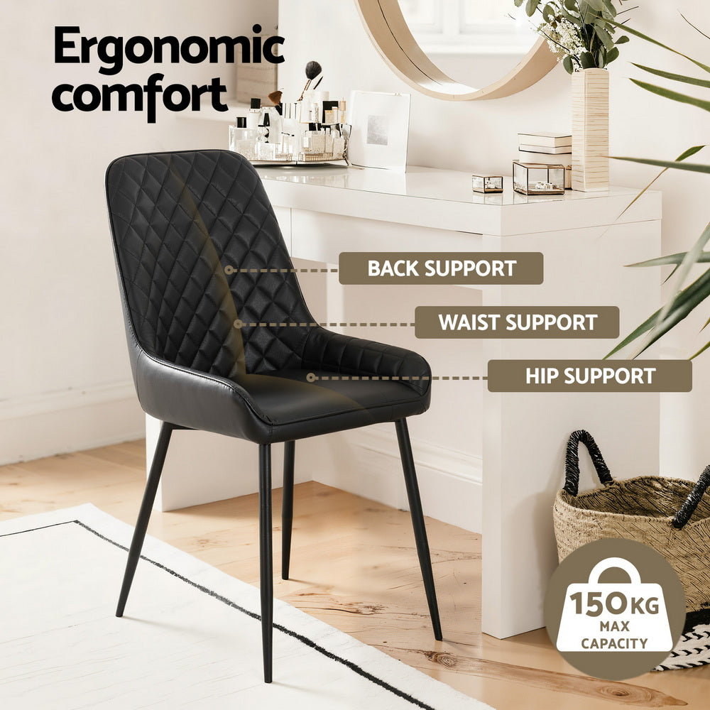 Black quilted PU leather dining chair with ergonomic-style back support and metal legs