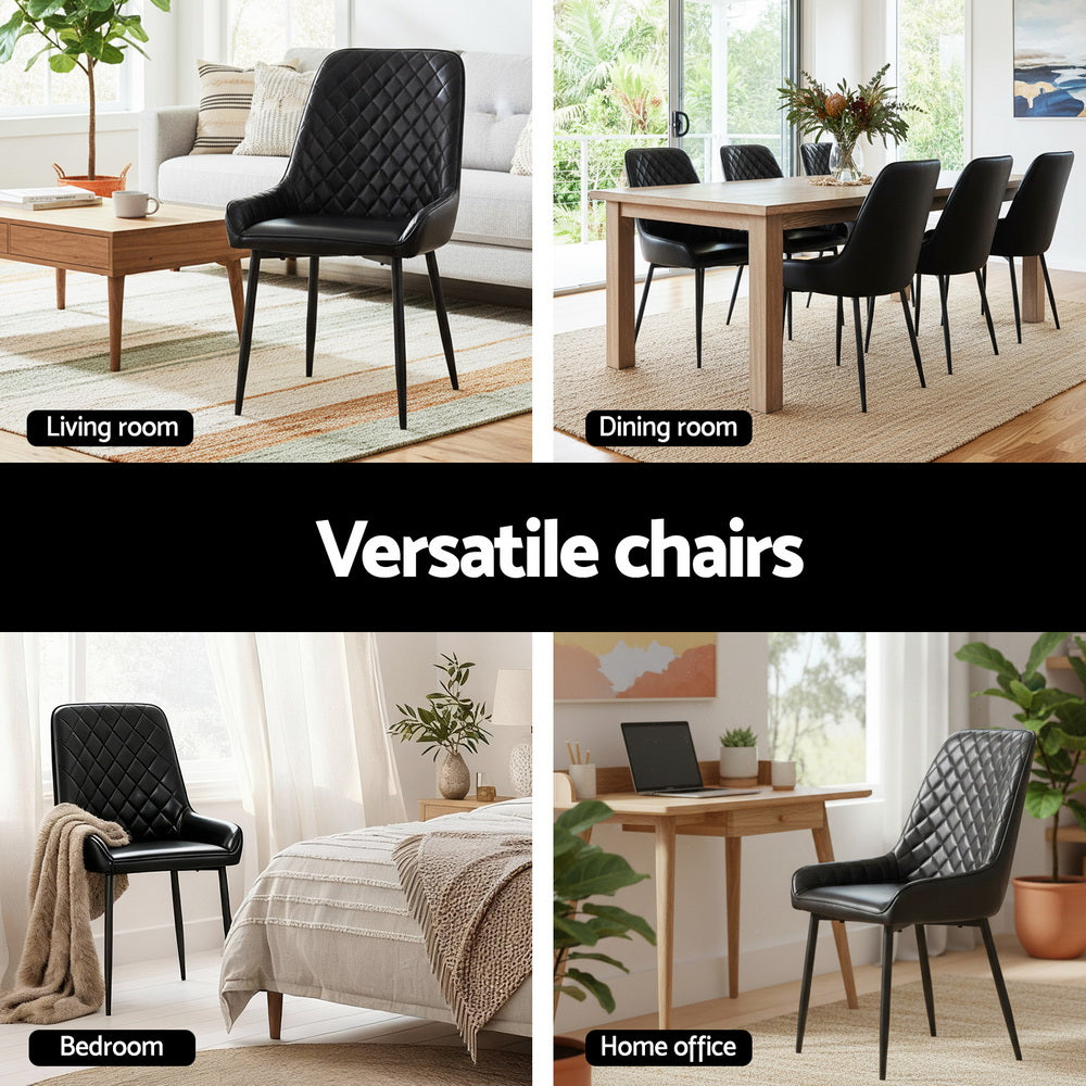 Black quilted PU leather dining chair with curved back and arms on metal legs