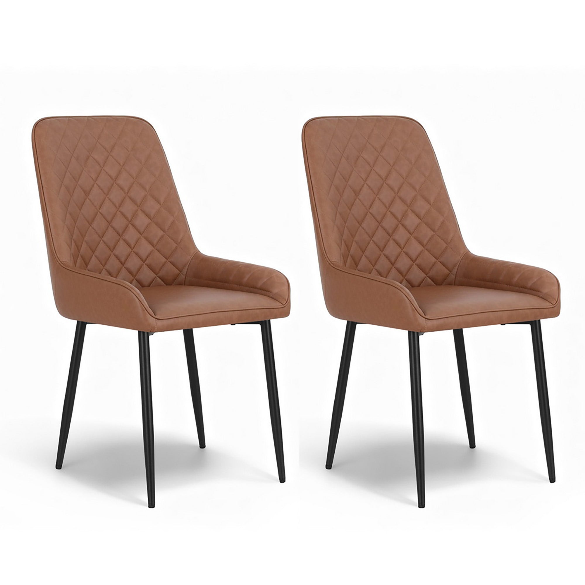 Brown PU leather retro dining chairs, quilted back, padded seat, black metal legs (set of 2)