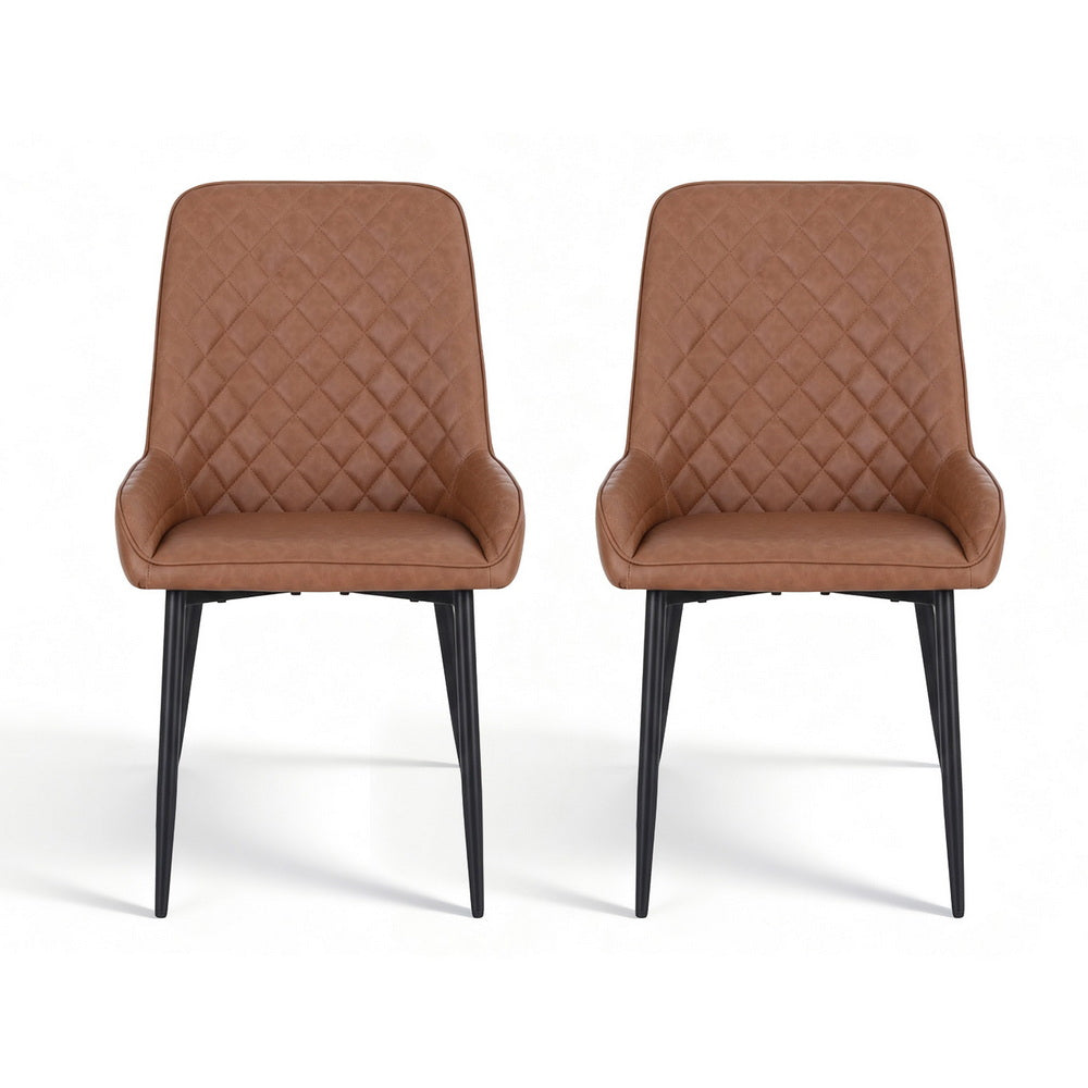 Pair of brown PU leather dining chairs with quilted backs and padded seats, black legs