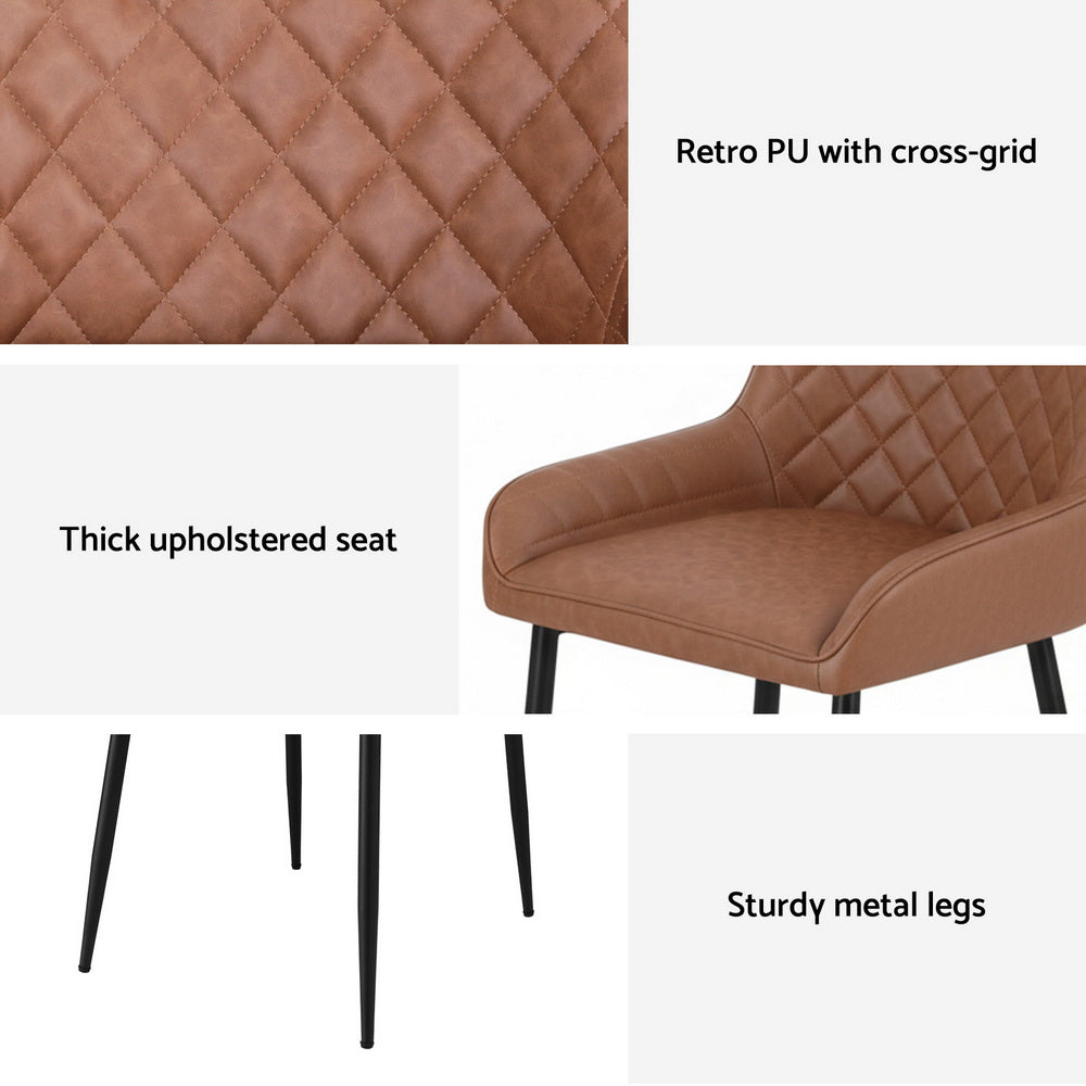 Brown PU leather chair upholstery with cross-grid quilt pattern, padded seat, black legs