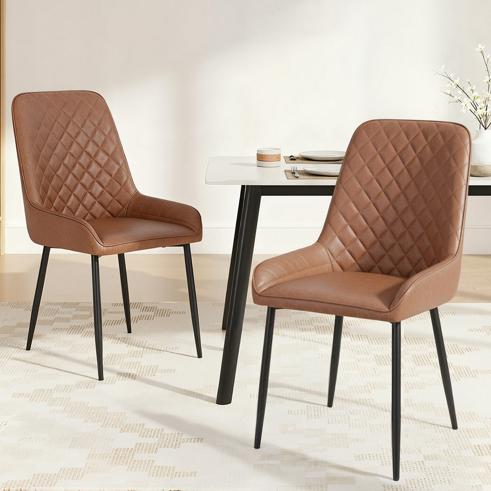 Brown PU leather accent chairs with quilted backs, padded seats and curved arms, black legs (pair)