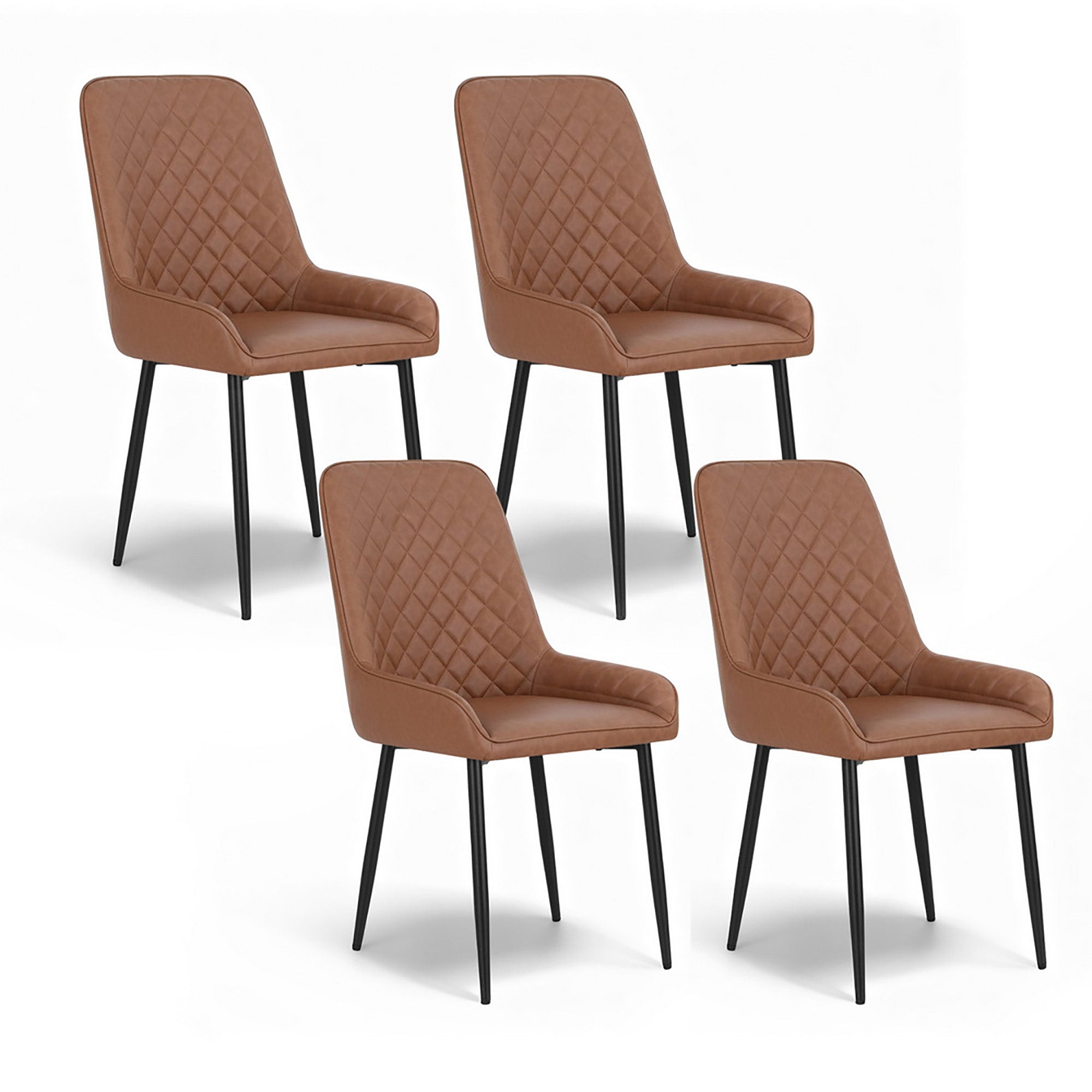 Set of 4 brown PU leather dining chairs with diamond-quilted backs and black metal legs