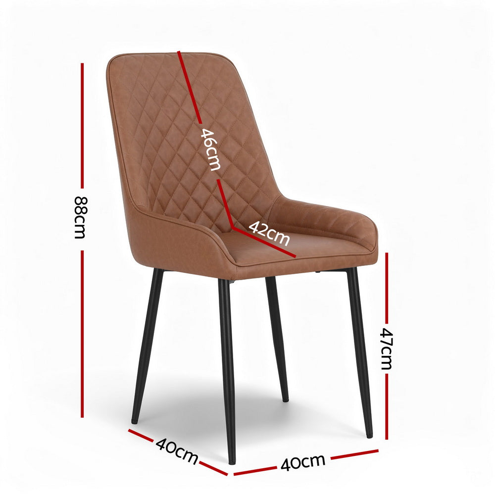 Brown PU leather dining chair with diamond-quilted back, curved seat, and black metal legs
