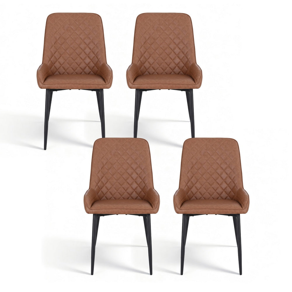 Four brown PU leather accent chairs with diamond-quilted upholstery and slim black metal legs