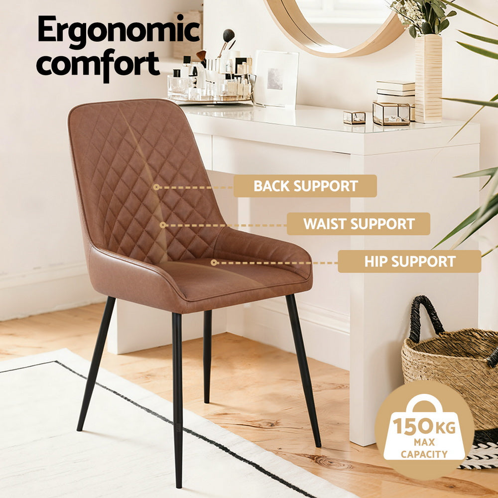 Brown PU leather dining chair with quilted backrest, supportive seat, and black metal legs