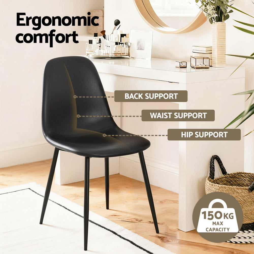 Black dining chair with contoured back and cushioned seat, sturdy metal legs