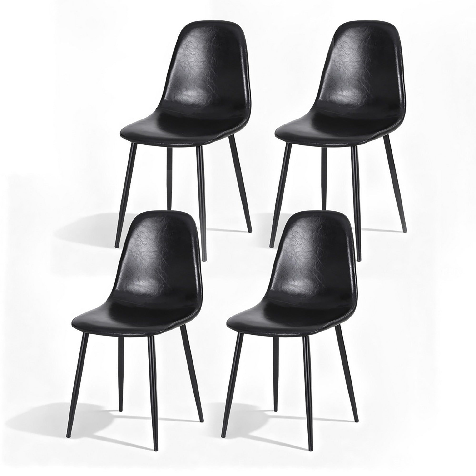 Set of four black PU leather dining chairs with curved backs and slim metal legs