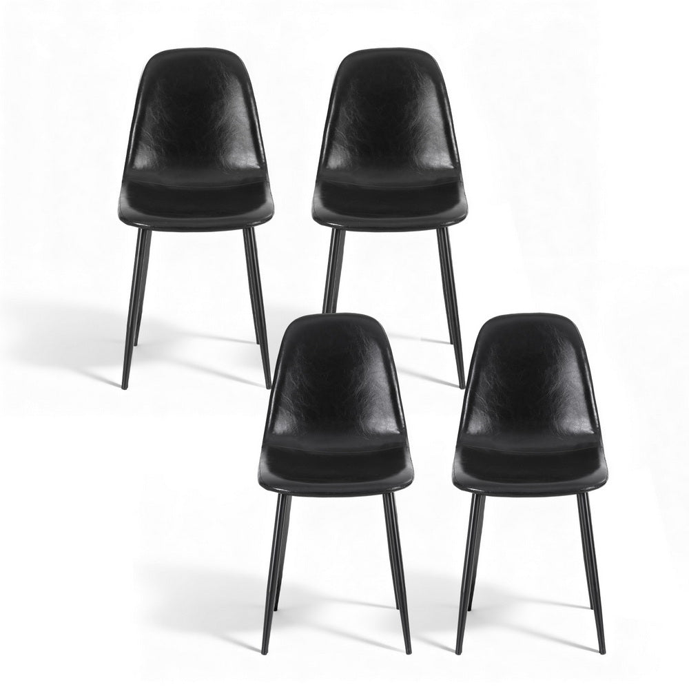 Set of four black PU leather dining chairs with curved backs and slim metal legs