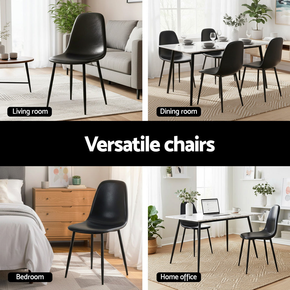 Black PU leather dining chairs with curved backs and seats, slim metal legs