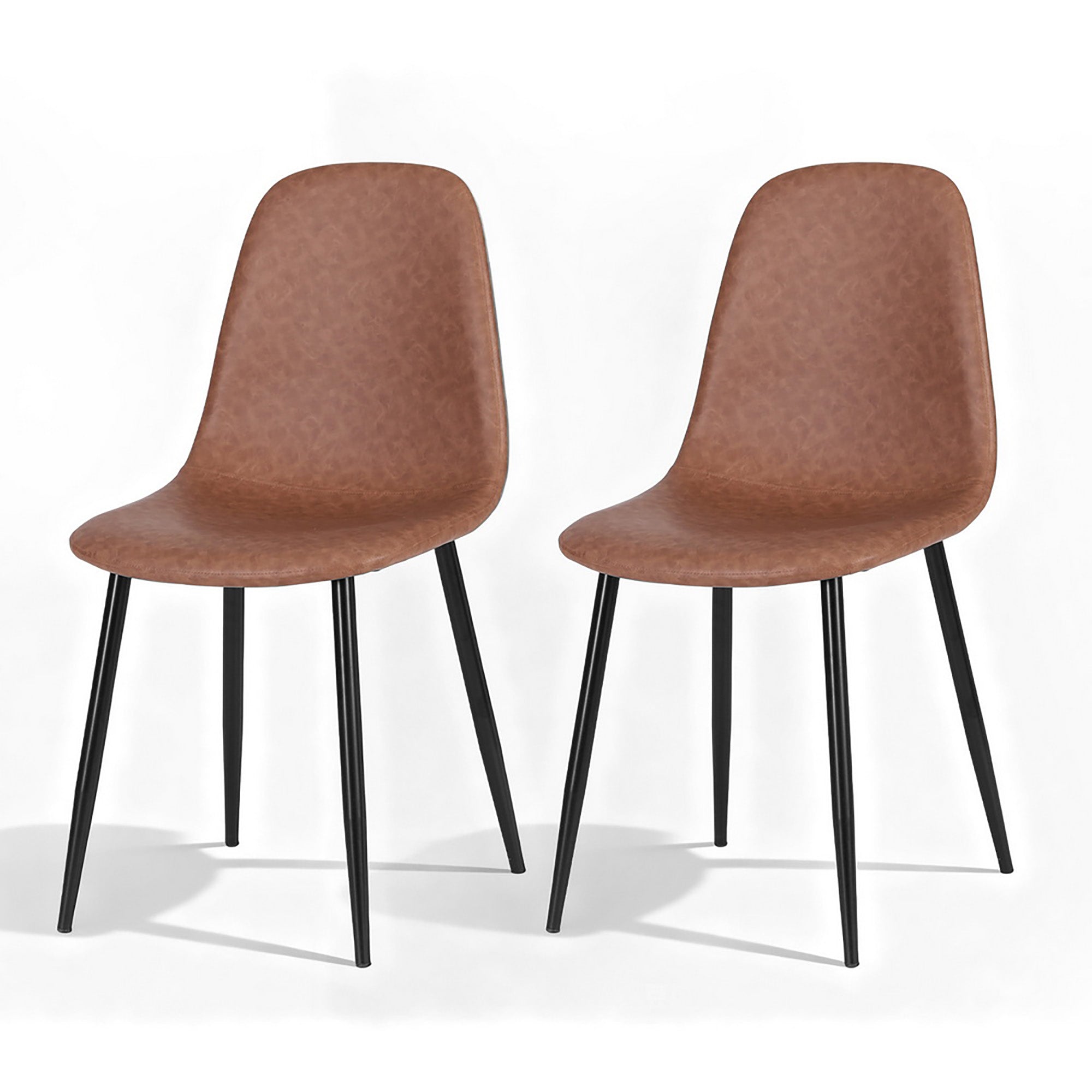 Pair of brown retro dining chairs with PU leather-look upholstery and black metal legs