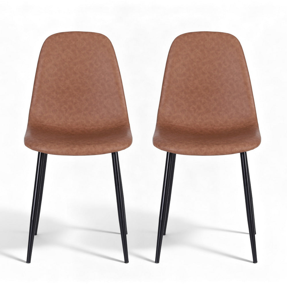 Set of brown dining chairs with curved backs and black metal legs, PU leather-look